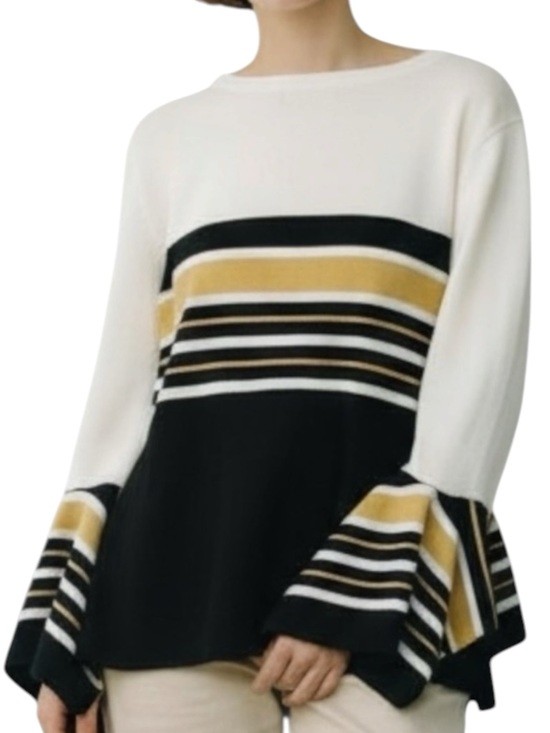 Melissa Paige Sweaters - MELISSA PAIGE Striped Bell Sleeve Sweater White, Yellow and Blk PETITE Size PM